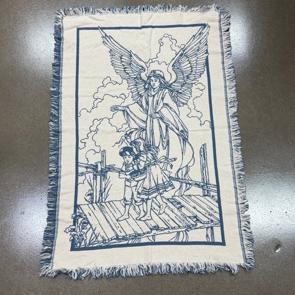 Candy Couture Other - Vintage Guardian Angel Woven Throw Blanket Blue Cream Fringed Tapestry 32x46